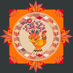 Lovely tablecloth, greeting card or beautiful pillowcase with gold fairy rooster and patchwork ornament. Vector illustration. Packaging design.