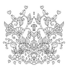 Coloring book. Decorative vector pattern with flowers and birds.