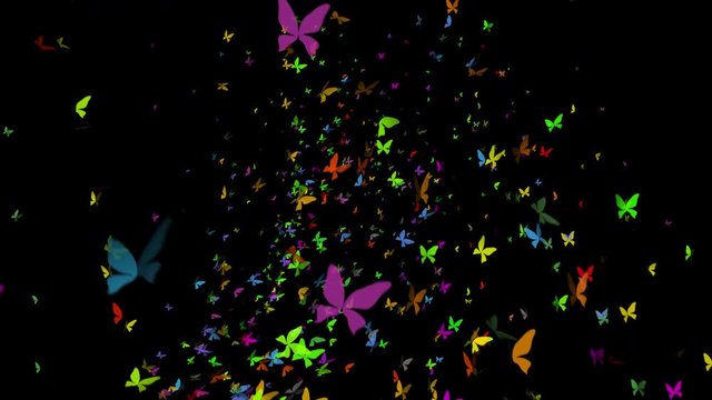 A looping animation of multi colored abstract butterflies flying up.