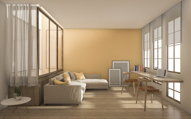 3d rendering yellow modern livingroom with daylight from window