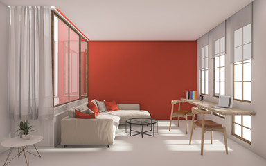 3d rendering red modern livingroom with daylight from window