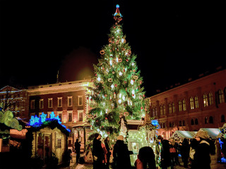 Obraz premium People and Christmas tree at market in Riga Dome square