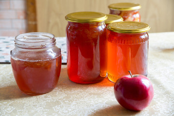 Glass jars with homemade apple jam