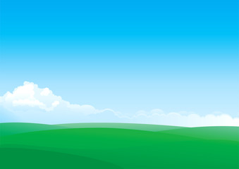 Summer landscape of green fields and blue sky with white Clouds. 