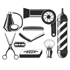 Vector set of hair salon elements in vintage style. Hair cut beauty and barber shop, scissors, blade, comb, soap, barber pole, hairdryer. Design elements, icons, badges isolated on white background.