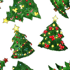 Christmas Fir-tree Watercolor Seamless Pattern