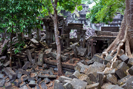 Ruins of Beng Mealea Temple over jungle, Cambodia