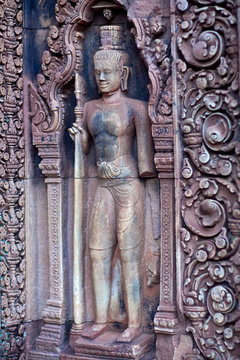 Ancient bas-relief in Banteay Srey Temple, Cambodia