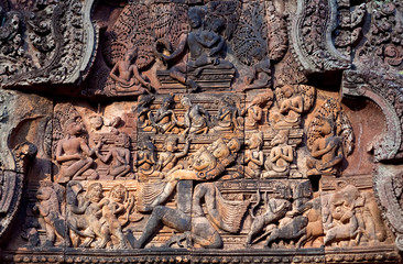 Ancient bas-relief in Banteay Srey Temple in Angkor Area, Cambodia