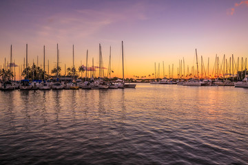 Beautiful view of Ala Wai Harbor at twilight. Ala Wai Harbor is the largest small-boat and yacht harbor in Hawaii.