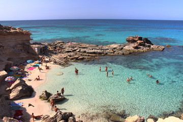 Main view of "Es calo d'es mort" beach, one of the most beautiful spots in Formentera, Balearic Islands, Spain.