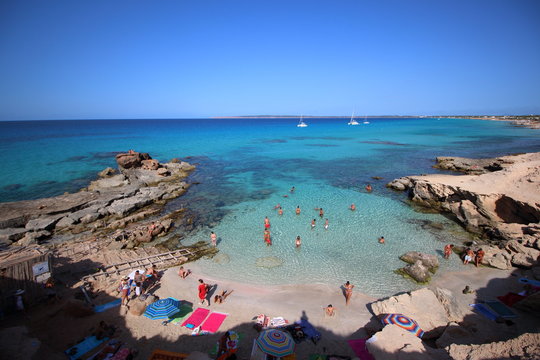 Main view of "Es calo d'es mort" beach, one of the most beautiful spots in Formentera, Balearic Islands, Spain.