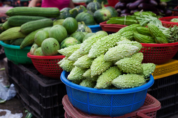 Assorted green vegetables Vietnamese farm market