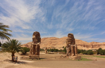 Main view of Colossi of Memnon statues, Luxor, Egypt