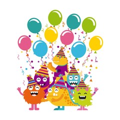 Plakat monster characters in birthday party vector illustration design