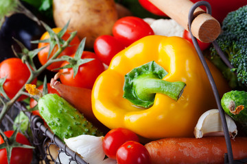 Basket with assortment of fresh vegetables.