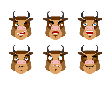 Emotions cow. Set expressions avatar bull. Good and evil. Discou