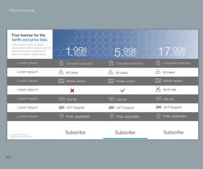 Tariffs and price list. Web elements. Plan hosting. Vector design for web app. Pricing table, banner, button, list and bullet.