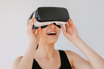 Female model wearing virtual reality headset