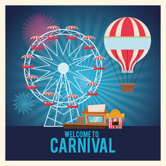 Hot air balloon ferris wheel and stands. Carnival festival fair circus and celebration theme. Colorful design. Striped background. Vector illustration