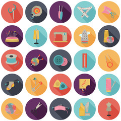 Set of twenty five knitting and sewing color flat icons