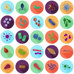 Fototapeta na wymiar Set of twenty five virus and germs color flat icons