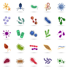 Set of twenty five virus and germs color flat icons - obrazy, fototapety, plakaty