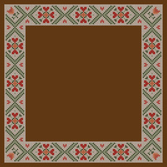 Obraz premium Decorative frame, cross-stitched embroidery imitation. Separated from background.
