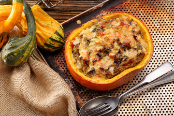 Stuffed pumpkin with rice and mushrooms