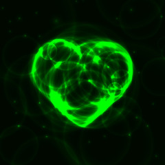 Green neon plasma laser heart on dark background
