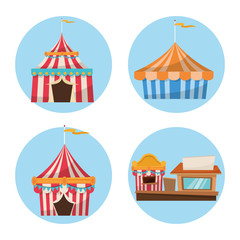 Striped tents with flags and stand. Carnival festival fair circus and celebration theme. Colorful design. Vector illustration