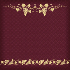 Square dark red background with pattern and grape ornament. 