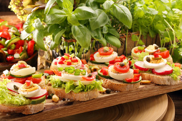 Fresh healthy vegetarian sandwiches for breakfast and salad