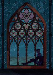 Snow fairytale in the stained-glass window with a shadow figure - magic of the winter will begin