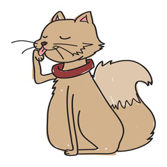 Doodle style cartoon cat sitting and licking