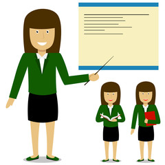 Cheerful teacher on lesson. Businesswoman. Set.