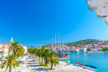 Fototapeta premium Aerial view on town Trogir and city promenade, Croatia Europe. / Town Trogir aerial promenade.