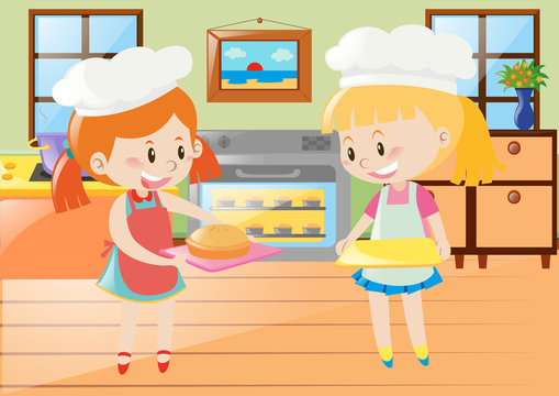 Two girls baking pie in kitchen