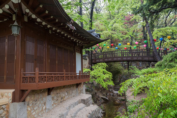 Gilsangheon - a wooden building, living quarters for master sunim (senior monks) and a bridge at...