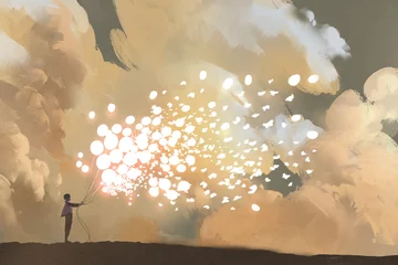 Gordijnen man releasing glowing balloons and butterflies flock in the sky,illustration painting © grandfailure