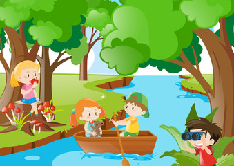 Obraz na płótnie Canvas Children playing in the woods