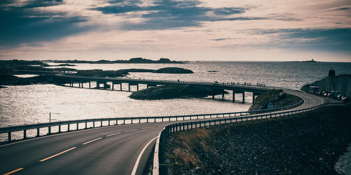 Storseisundet bridge, the main attraction of the Atlantic road. Norway. The county of Møre og Romsdal. Retro style