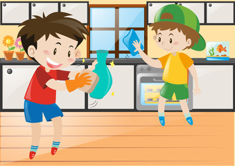 Fototapeta na wymiar Two boys cleaning in the kitchen
