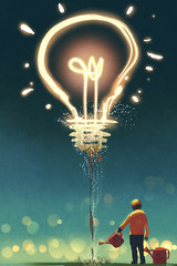 kid watering a big light bulb on dark background ,concept for creative,illustration painting