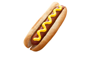  Hot dog classic with mustard isolated on a white background. American Fast Food. National day.