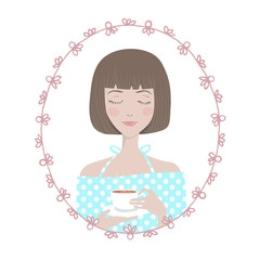Female Character in oval round floral frame. Young woman, girl in blue dress enjoys her cup of tea. Avatar for blogger.
