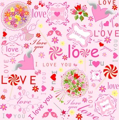 Cute lovely wallpaper with hearts, candy, frames, bouquets and wishes