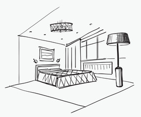 Hand drawn bedroom sketch.