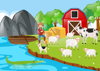 Farmer and animals in the farm