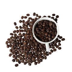 Coffee beans in cup isolated on white background - view from top